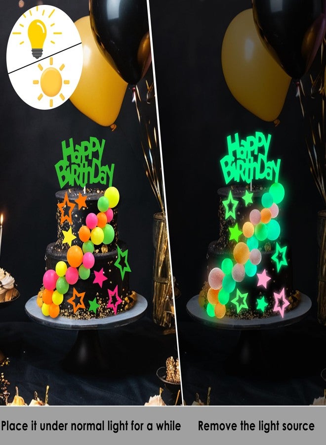 SPFYunion مجموعة تزيين الكيك المضيئة (40 قطعة) مع كرة ونجمة وزينة "عيد ميلاد سعيد"، زينة حفلات للكيك النيون، لوازم حفلات بإضاءة سوداء بأربعة ألوان - Image 3